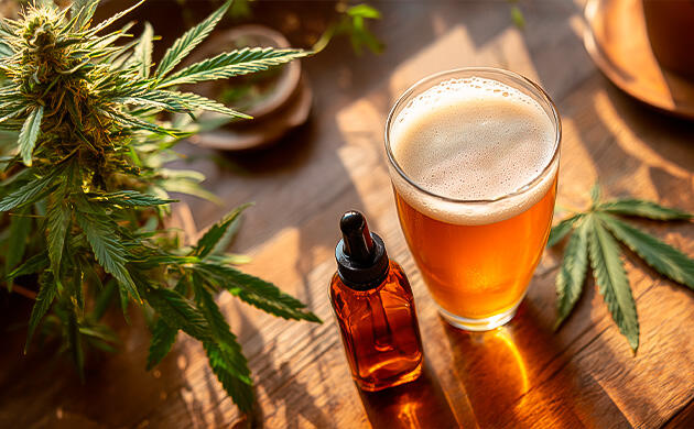 Стакан пенного пива с листьями конопли